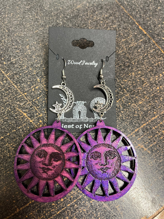 Purple Sun/Silver Moon Wood Earrings